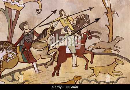 Parete contemporanea pittura o affresco di cavalieri medievali o Horseman gettando Spears (Warfare o caccia), Carcassonne, Francia Foto Stock