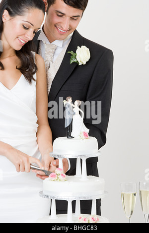 Sposa e lo sposo il taglio di una torta di nozze Foto Stock