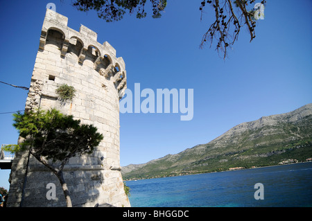 Una vista del mare Adriatico e un fortilizio medievale, da Korčula Island (Croazia) Foto Stock