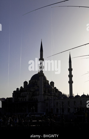 Moschea e gli uomini la pesca sul Ponte di Galata, sul Bosforo, Istanbul, Turchia, il mar Mediterraneo, Eurasia, Orient Foto Stock