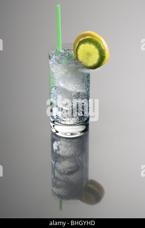 Vodka o Gin&Tonic bevanda miscelata con limone e lime fetta guarnire su uno sfondo grigio con la riflessione Foto Stock