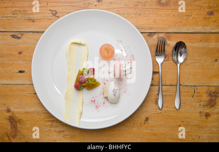 Rabarbaro Jelly, caviale di noce di cocco, rabarbaro e sorbetto al cocco al Felin Fach Griffin ristorante, vicino a Brecon, Powys, Wales, Regno Unito Foto Stock