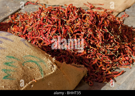 Sacco di peperoncino rosso in un mercato di Goa, India Foto Stock