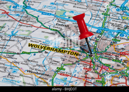 Rosso Spina mappa nella mappa stradale rivolta alla città di Wolverhampton Foto Stock