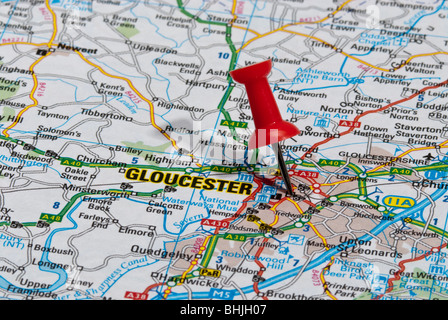 Rosso Spina mappa nella mappa stradale rivolta alla città di Gloucester Foto Stock