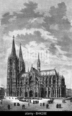 Geografia / viaggio, Germania, Colonia, chiese, Cattedrale, vista esterna, lato ovest, incisione del legno dopo disegno di G. Rehlender, 1888, Foto Stock