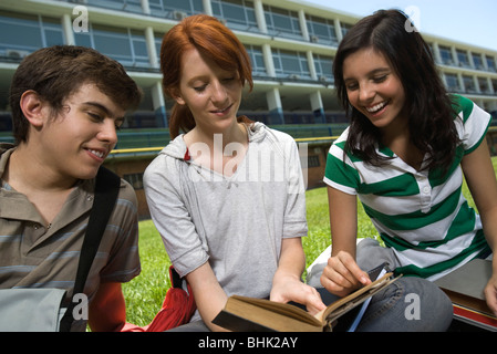 Alta scuola studente che mostra gli amici passaggio nel libro, seduti insieme sul prato della scuola Foto Stock