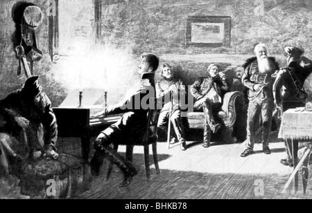 Koerner, Karl Theodor, 23.9.1791 - 26.8.1813, poeta tedesco, scena, Koerner con ufficiali del corpo libero di Luetzow, 1813, disegno, Foto Stock