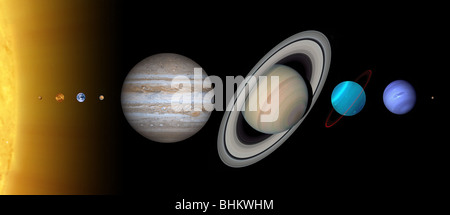 I pianeti e il sole del nostro sistema solare in dimensione relativa all'altra. Il sole è una illustrazione ma i pianeti sono immagini ottiche Foto Stock