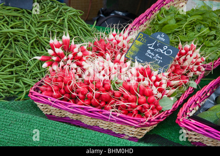 Rennes, Brittany, Francia. Rosa e Rosso ravanelli per la vendita sul mercato della Place des Lices. Foto Stock