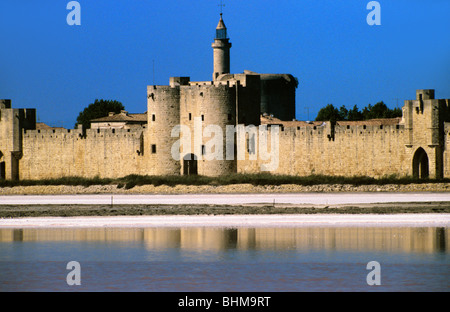 Porte de la Marine (13° C), porta d'ingresso e città medievale o mura della città e saline, Aigues-Mortes o Aigues Mortes, Camargue Foto Stock