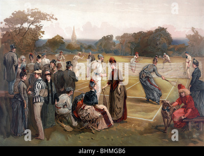 Vintage stampa a colori c1887 raffigurante un inizio gioco di tennis su prato negli Stati Uniti d'America. Foto Stock