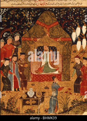 Gengis Khan in trono con i suoi figli, Ogedei e Jochi Ms suppl persiano 1113 f44v da Rachid al-Din Fazl -ollah Hamadani Foto Stock