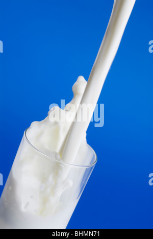 Flusso di latte che viene versato in un bicchiere su sfondo blu. Foto Stock