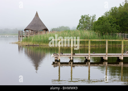 Foschia mattutina accanto al molo e ricostruito Crannog sul lago Llangorse, Parco Nazionale di Brecon Beacons, POWYS, GALLES. Foto Stock