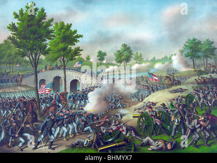 Stampare c1888 raffigurante la battaglia di Antietam (17 settembre 1862) durante la Guerra Civile Americana. Foto Stock