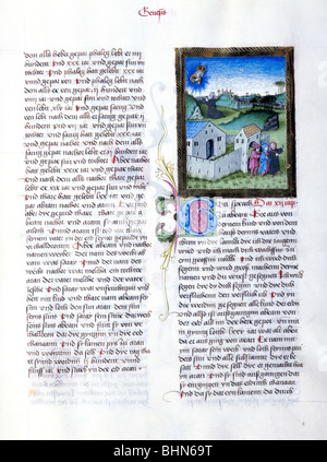 Religione, cristianesimo, libri, libro delle ore, Germania, 2nd metà 15th secolo, dettaglio, miniatura, chiamata di Abraham, Codex i, Biblioteca universitaria di Augusta, manoscritto, sceneggiatura, minuscle, belle arti, gotico, Medioevo, biblico, scena, Antico Testamento, Libro della Genesi, patriarca, storico, storico, pittura libro, pittura libro, manoscritto illuminato, medievale, persone, Foto Stock