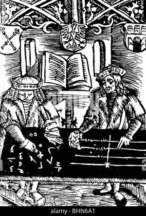 La scienza, matematica, calcolare con un telaio di conteggio e arabo (indiano) lettere, xilografia di Florian Ungler, 1513, calculatio Foto Stock