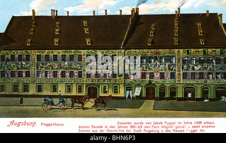 Geografia / viaggio, Germania, Augusta, Fugger Houses, Maximilianstrasse, vista esterna, cartolina d'arte, J. Brack, Augsburg, 1916, Foto Stock