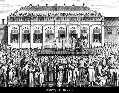 Charles I, 19.11.1600 - 30.1.1649, re d'Inghilterra, di Scozia e Irlanda 1625 - 1649, scena, morte, l'esecuzione di fronte alla Banqueting House di Whitehall, contemporanea incisione su rame, artista del diritto d'autore non deve essere cancellata Foto Stock
