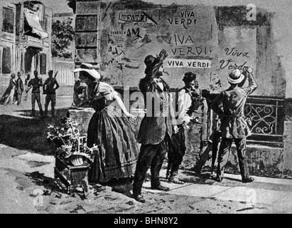 Geografia / viaggio, Italia, politica, Risorgimento, monarchici che scrivono 'Viva Verdi' su un muro, circa 1850, disegnando da anonimo, 'illuminazione Italiana', 1901, Foto Stock