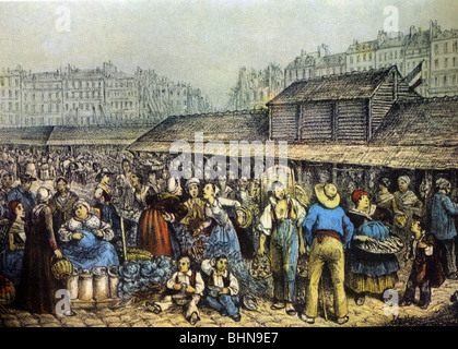 Geografia / viaggio, Francia, Parigi, Les Halles, sale mercato, incisione in legno colorato di Yves, circa 1850, Foto Stock