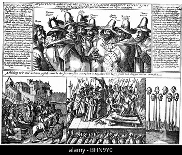 Geografia / viaggio, Gran Bretagna, eventi, Gunpowder Plot, 1605, plotter e la loro esecuzione, Londra, 30./31.1.1606, German leflet, 17th secolo, storico, storico, omicidio trama di re Jacob i, Thomas Bates, Robert Wintour, Christopher Wright, John Grant, Thomas Percy, Guy Fawkes, Robert Catesby, Thomas Our, Powder Treason, Gunpowder, Cattolico, Conspiracy Luogo di esecuzione, Inghilterra, politica, persone, Foto Stock