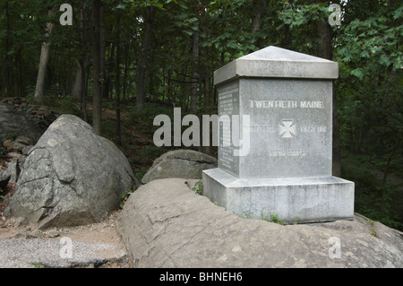 Immagine del xx Maine monumento su Little Round Top, Gettysburg National Military Park, Pennsylvania. Foto Stock