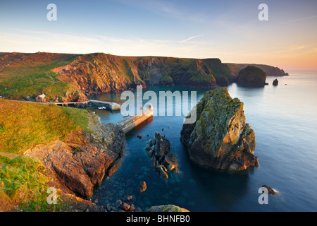 Serata tranquilla che si affaccia Mullion Cove e il porto, Cornwall, Regno Unito Foto Stock