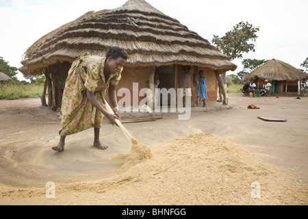 Donna ampie al di fuori della propria casa - Quartiere Amuria, teso sottoregione, Uganda, Africa orientale Foto Stock