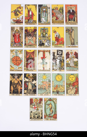 22 arcani maggiori carte di un pacchetto tradizionale dei tarocchi. Foto Stock