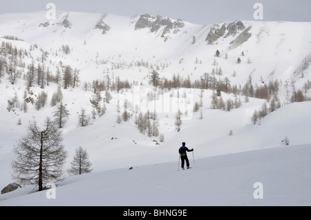 Escursioni con le racchette da neve in prossimità Lac des Grenouilles, Casterino, Mercantour Alpi, Francia Foto Stock