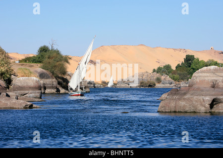 Due feluche vela intorno all Isola Elefantina in Aswan, Egitto Foto Stock