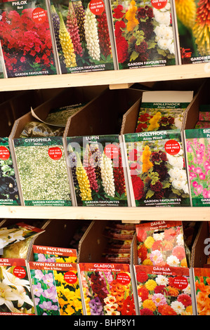 Pacchetti di semi di fiori in vendita nei garden center shop, REGNO UNITO Foto Stock