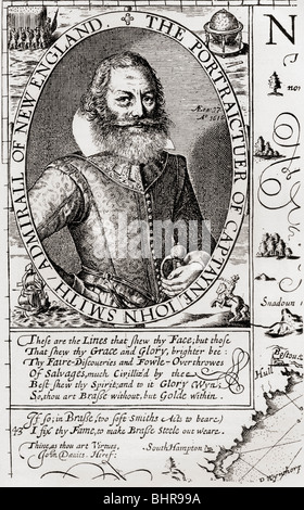 Il capitano John Smith c. 1580 al 1631, dal suo 1614 Mappa del New England. Admiral del New England. Soldato inglese, explorer, autore. Foto Stock