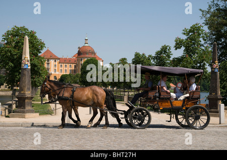 Carrozza a cavallo nella parte anteriore del castello di Moritzburg, Dresda, Germania Foto Stock