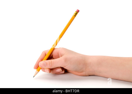 Mano sul bianco con matita Foto Stock
