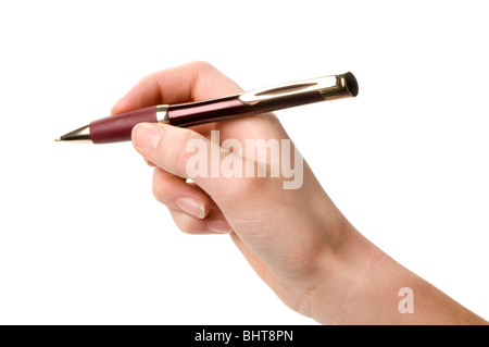 Mano sul contenimento del whit della penna di scrittura Foto Stock