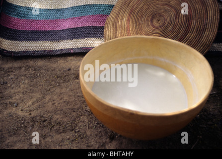 Akadaney, Niger centrale, Africa occidentale. Fulani nomadi. Calabash del cammello latte. Foto Stock