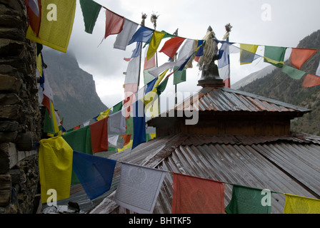 Ferro corrugato tetto e bandiere di preghiera, monastero,Superiore Pisang, Circuito di Annapurna, Nepal Foto Stock