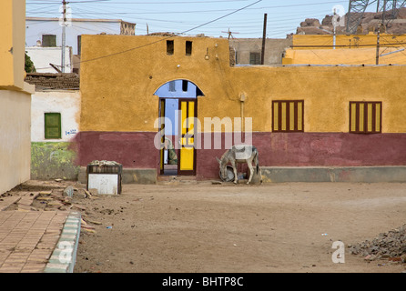 Porta colorati e casa lungo la strada in un villaggio Nubiano. Foto Stock