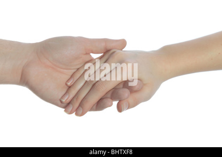 Due persona che tiene le mani. Tutti gli isolati su sfondo bianco. Foto Stock