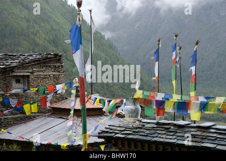 Bandiere di preghiera sulle case vicino monastero, Superiore Pisang, Circuito di Annapurna, Nepal Foto Stock