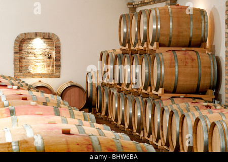 Barili di vino in una cantina Foto Stock