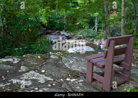 Il Glade Creek Babcock West Virginia State Park Autumn è una riva con la sedia vuota dall'alto, vista dall'alto nessuno orizzontale negli Stati Uniti ad alta risoluzione Foto Stock