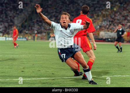 World Cup 1990 Ultimo 16 Inghilterra 1 Belgio 0 David Platt celebra dopo l obiettivo di punteggio Foto Stock