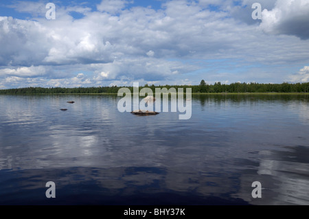 La bella immagine di Karelian foresta a bordo di un lago con alcuni enorme masso Foto Stock