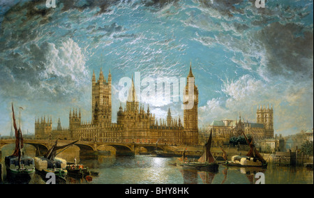 "Westminster Bridge, la Casa del Parlamento e Westminster Abbey visto dal fiume", 1872. Artista: John Anderson Foto Stock