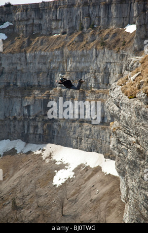 BASE jump da una scogliera. La ultimate kick per fare un salto in oggetto con una marcia di avanzamento verso il basso nella profonda valle. Foto Stock