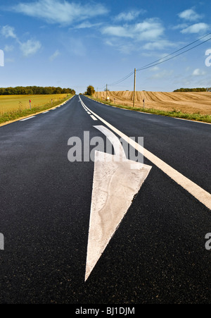 Freccia dipinto il sorpasso di restrizione segno di avvertimento sulla strada - Indre, Francia. Foto Stock